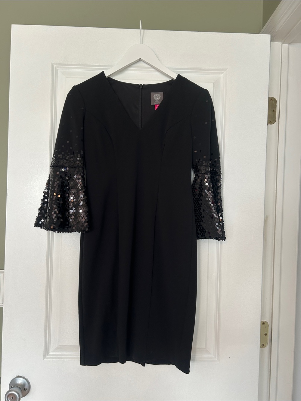 Vince Camuto Black Sequin Sleeve V-Neck Dress